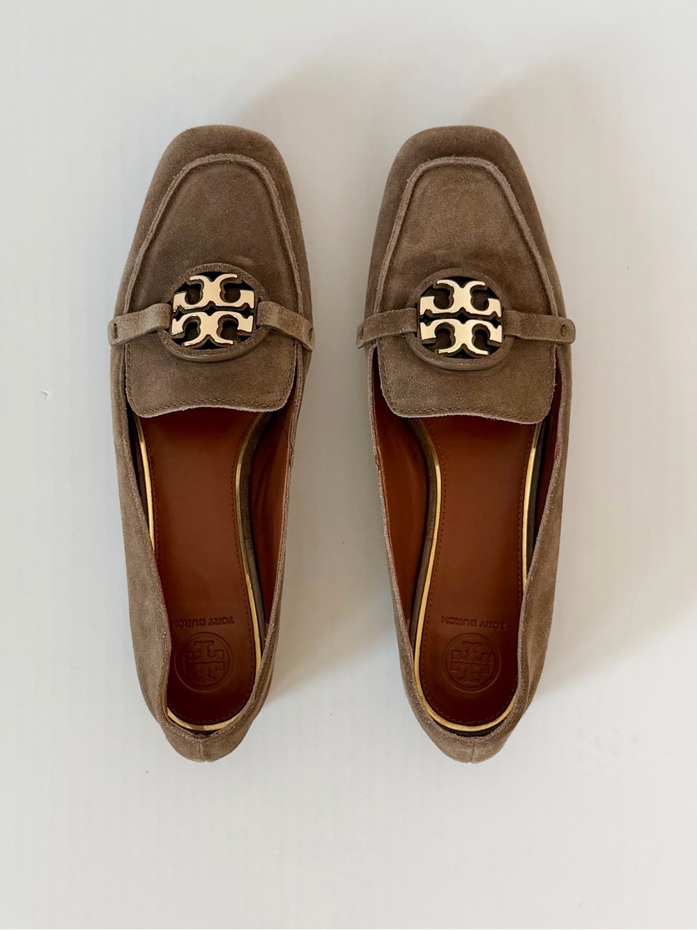 Tory Burch Miller Suede Logo Loafers in River Rock & Gold - Picture 8 of 10